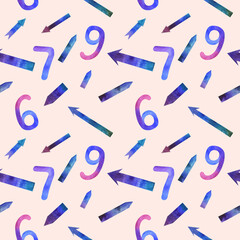 Watercolor illustration of arrows, numbers. Colorful seamless pattern with arrows, different numbers on a beige background.