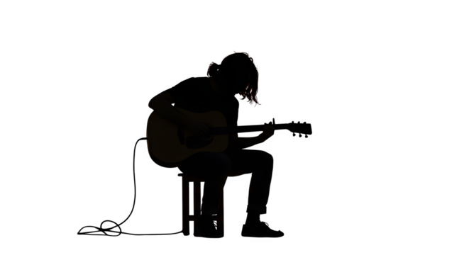 Dramatic silhouette shows a musician with guitar against a dark backdrop. Use for poster design, creative branding, or moody performance promo.
