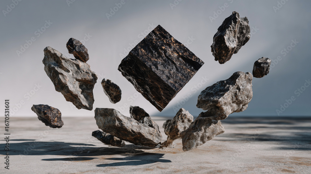 Poster textured black square levitating above ground plane, dark floating rocks in dynamic arrangement, sof