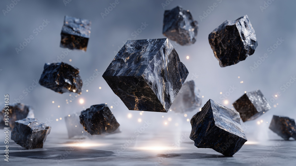 Aufkleber central black stone cube hovering, angular floating rocks scattered around, diffuse soft light on gr