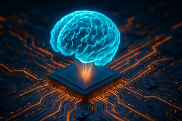 Glowing blue brain on a futuristic circuit board, representing artificial intelligence and advanced computing