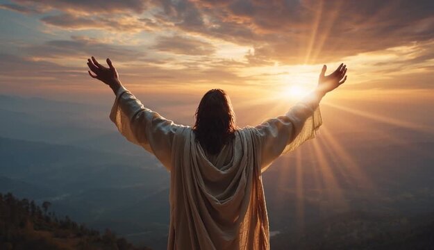 Jesus christ risen. Holy week. Jesus rising back view open arms on sunset mountain. Faith Growth. Lord