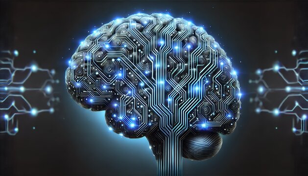 Human brain made of intricate electronic circuits and glowing blue lights