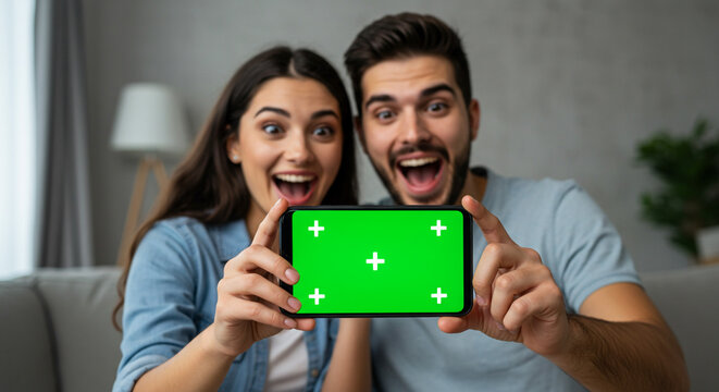 Excited couple shares amazing news on smartphone with vibrant green screen - Powered by Adobe