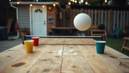 Beer pong game with cups and ball on wooden table outdoors