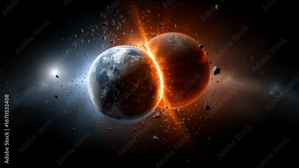 Poster two planets are crashing into each other, with one of them being destroyed. the scene is dark and om