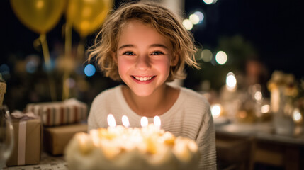 Naklejka premium Girl reaching toward cake to blow out candles, golden candlelight reflecting on smiling face, birthday decorations and gift boxes visible in soft focus