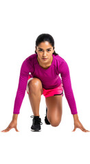 Determined female runner in a pink athletic top in a sprinter's starting block pose