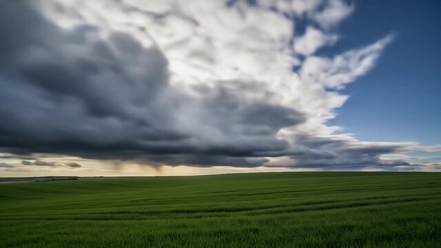 Vast green field under a dramatic sky filled with swirling clouds