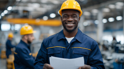 Industrial hall scene with happy African worker in safety helmet holding blank document, machinery and fellow workers slightly blurred, concept of collaboration and expertise