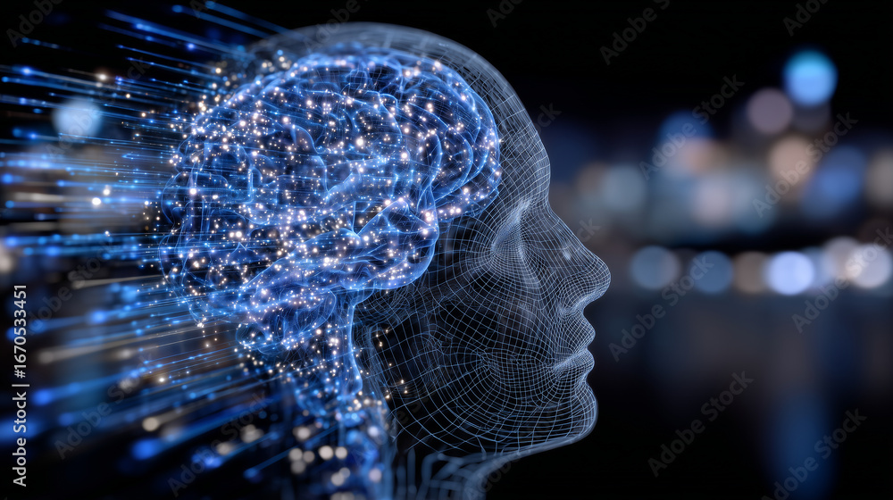 Poster digital illustration of human head in profile, intricate glowing blue neural network extending from 