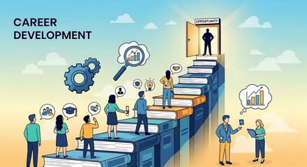 Career Development Path: Individuals Climbing Book Staircase Towards Opportunity, Symbolizing Education and Growth
