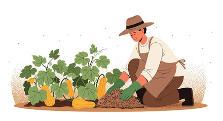 Smiling Farmer Tending To A Field Of Butternut Squash In A Country Garden