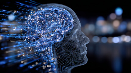 Digital illustration of human head in profile, intricate glowing blue neural network extending from brain, surrounded by abstract data streams, symbolizing AI and cognitive network