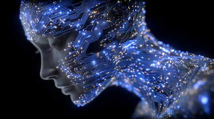 Futuristic concept art of human profile, neural pathways glowing neon blue, digital circuits merging with neurons, highlighting digital transformation and consciousness mapping