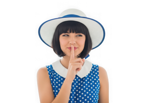 Woman in a polka dot dress and hat makes a shushing gesture