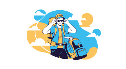 Obraz premium Smiling Traveler Adjusting Sunglasses Ready For Adventure Outdoors Illustration