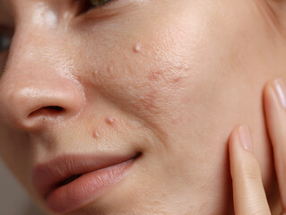 Fototapeta na wymiar A closeup of a face with visible acne, gently touched by the hand near the cheek.