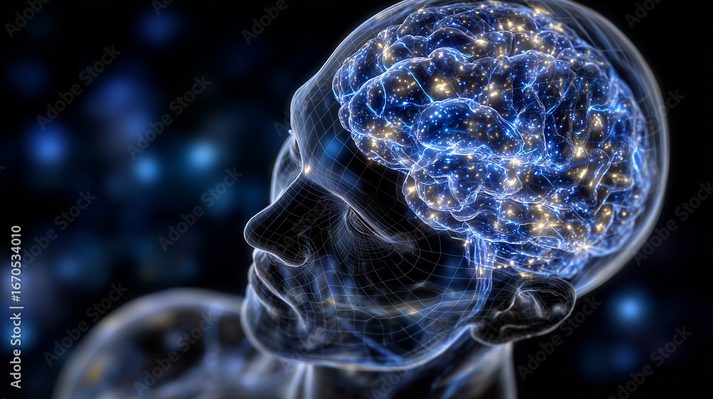 Poster human profile silhouette with semi-transparent skull, neon blue neural network glowing, faint circui