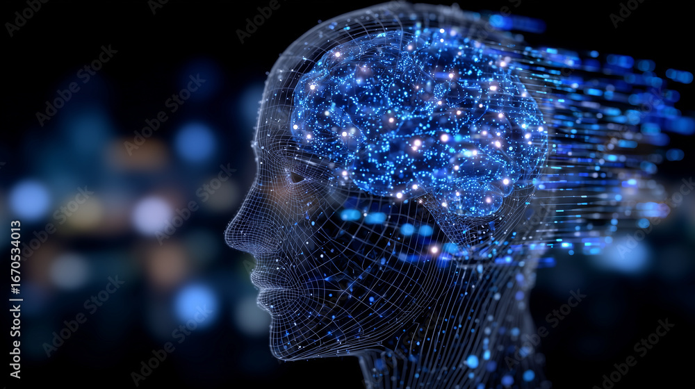 Aufkleber conceptual digital portrait of human head in profile, glowing neural network in blue, abstract data 