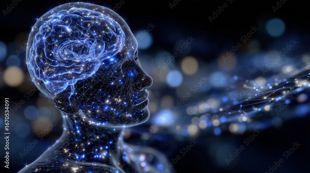 Aufkleber conceptual digital portrait of human head in profile, glowing neural network in blue, abstract data 