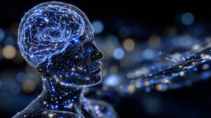Conceptual digital portrait of human head in profile, glowing neural network in blue, abstract data streams and holographic elements surrounding, highlighting cognitive computing a