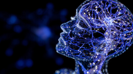 Side profile of human head with intricate glowing neural network, blue light illuminating contours of face and brain, abstract digital transformation and consciousness exploration
