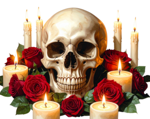 Gothic Skull Surrounded by Red Roses and Candlelight, Front View, isolated on transparent background PNG