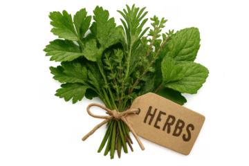 Freshly Picked Herbs Tied Together with Label on Transparent Background