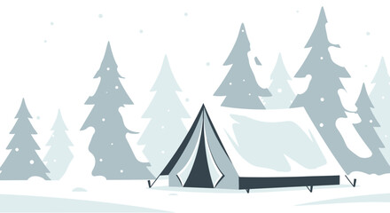 Snowy Winter Camping Adventure In The Forest With Tent And Pine Trees