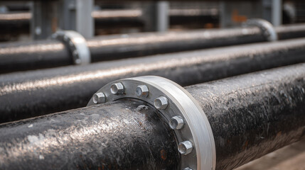 Thermally insulated industrial pipes, close-up showing steel flanges and rough surface texture, lighting emphasizing durability, efficiency, and meticulous construction