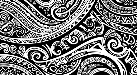 Intricate black and white tribal pattern design with Polynesian inspiration