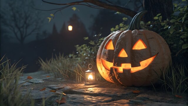 Glowing Jack O'Lantern welcomes trick-or-treaters on a spooky Halloween night with lantern light and autumn ambiance