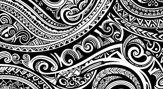 Intricate black and white tribal pattern design with Polynesian inspiration
