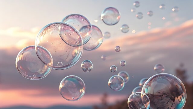 Floating iridescent bubbles against a soft sunset sky create a dreamy, ethereal atmosphere perfect for artistic designs - Powered by Adobe