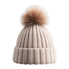 Obraz na płótnie Canvas Beige knit beanie with faux fur pompom, isolated on transparent background