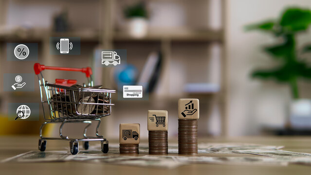 “Growth of e-commerce and online shopping with financial investment, digital payment, and delivery concept.”