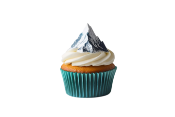 charming cupcake with a grey mountain frosting and a teal wrapper, no background