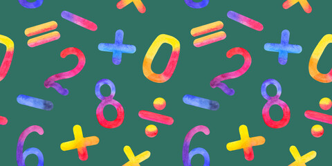 Watercolor illustration of numbers, mathematical signs. Bright seamless pattern of numbers, mathematical signs on a dark green background.