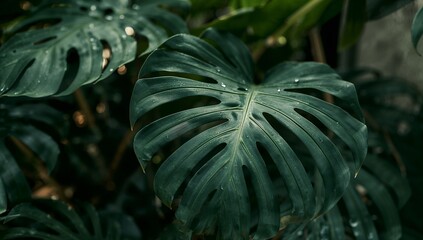 Close-up of a lush, deep green monstera leaf, showcasing intricate details and a vibrant, natural mood.