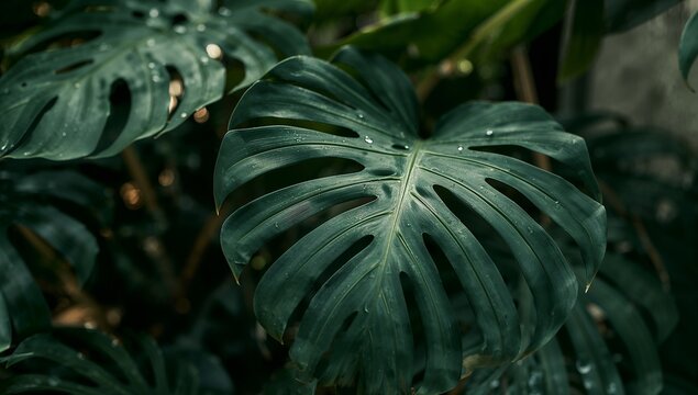Close-up of a lush, deep green monstera leaf, showcasing intricate details and a vibrant, natural mood.