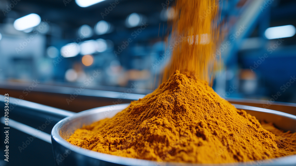 Poster macro shot of vibrant orange spice powder cascading into metal container, industrial factory environ