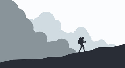 Silhouette Of A Hiker Ascending A Hill With Cloudy Sky Background