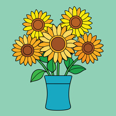 Obraz premium Bunch of five cartoon sunflowers in a blue vase on a light green background plant nature