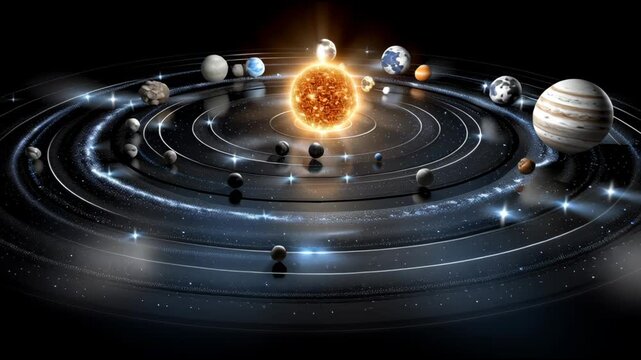A close up of the solar system with the sun in the center. The planets are shown in their orbits around the sun