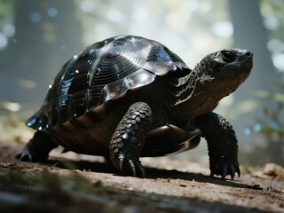 Fototapeta premium A detailed close-up of a tortoise with a glossy shell in a forest setting.