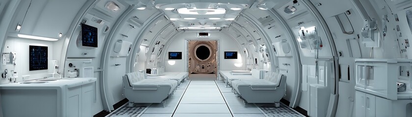 Interior view of a futuristic, clean, white spacecraft.