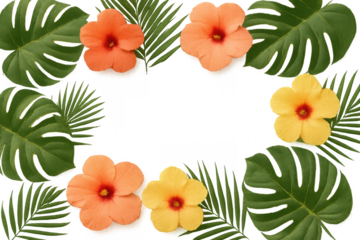 Tropical frame made of hibiscus flowers and monstera and palm leaves on transparent background