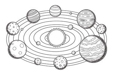 Obraz premium Detailed black and white solar system illustration for education, space exploration, and design