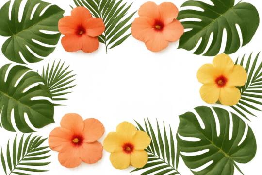 Tropical frame made of hibiscus flowers and monstera and palm leaves on transparent background
